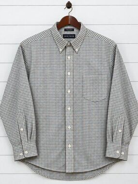 David Taylor Mens 19 34/35 Button Down Shirt Navy Tan Check Cotton Blend Korea